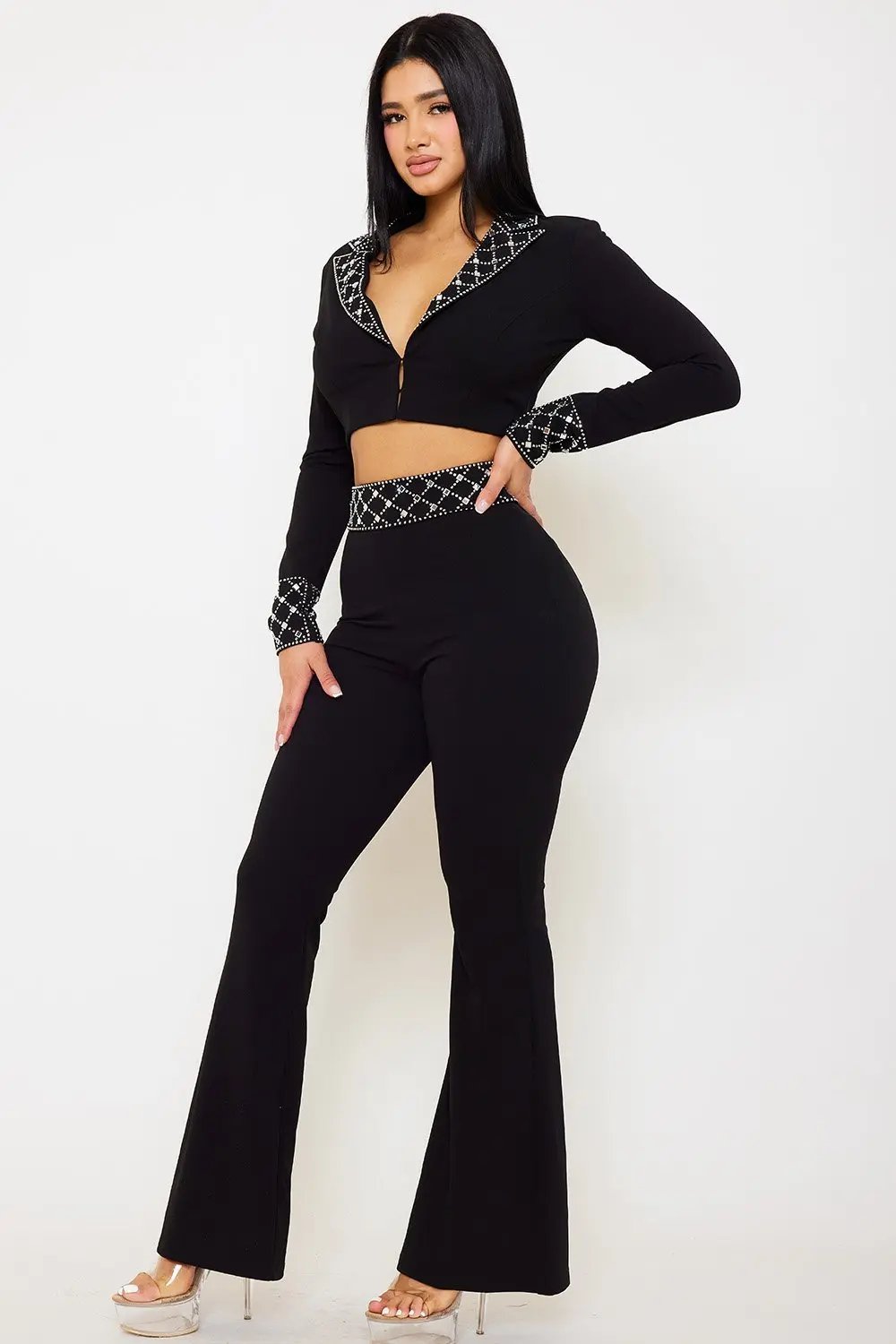 Rhinestone 2 Piece Suit – Women's Formal Bell Bottom Pants Set BOUTINIE