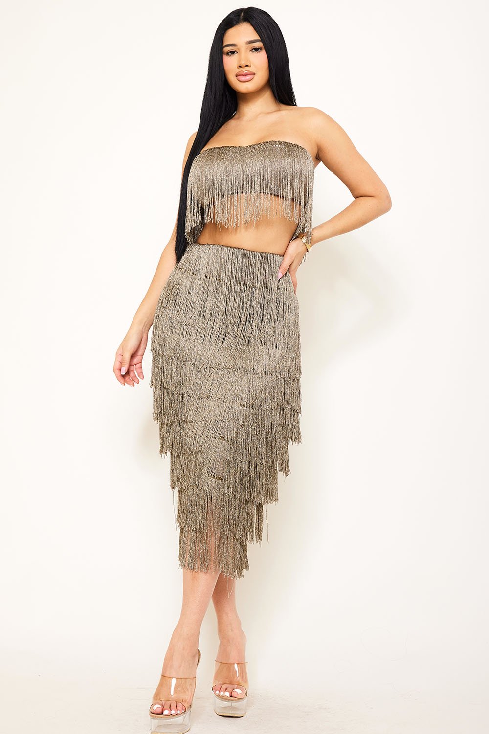 Gold strapless fringe two-piece set with a cropped top and midi skirt, perfect for a glamorous party at Boutinie.