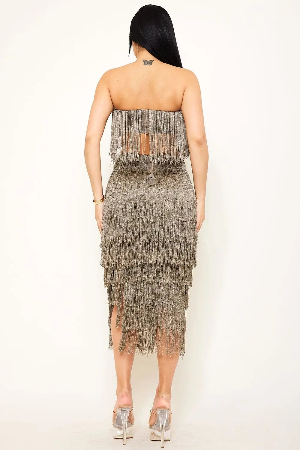 Fringe Tube Top Set – Stretchy Midi Skirt With Zipper Back BOUTINIE