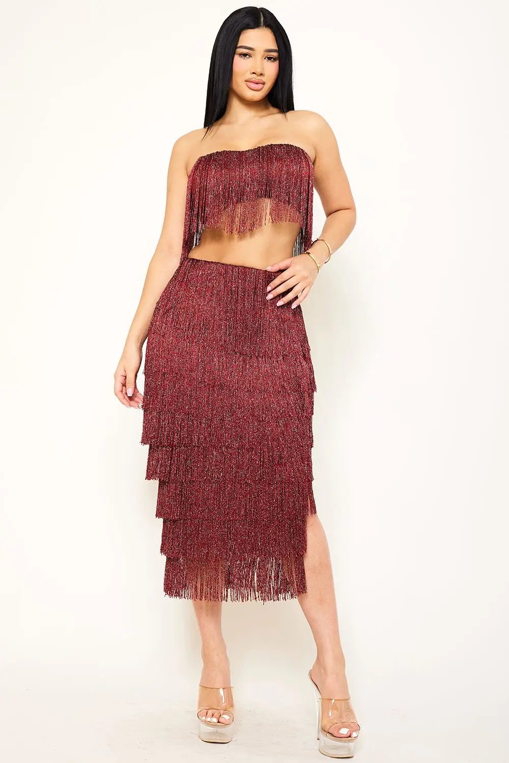 Fringe Tube Top Set – Stretchy Midi Skirt With Zipper Back BOUTINIE