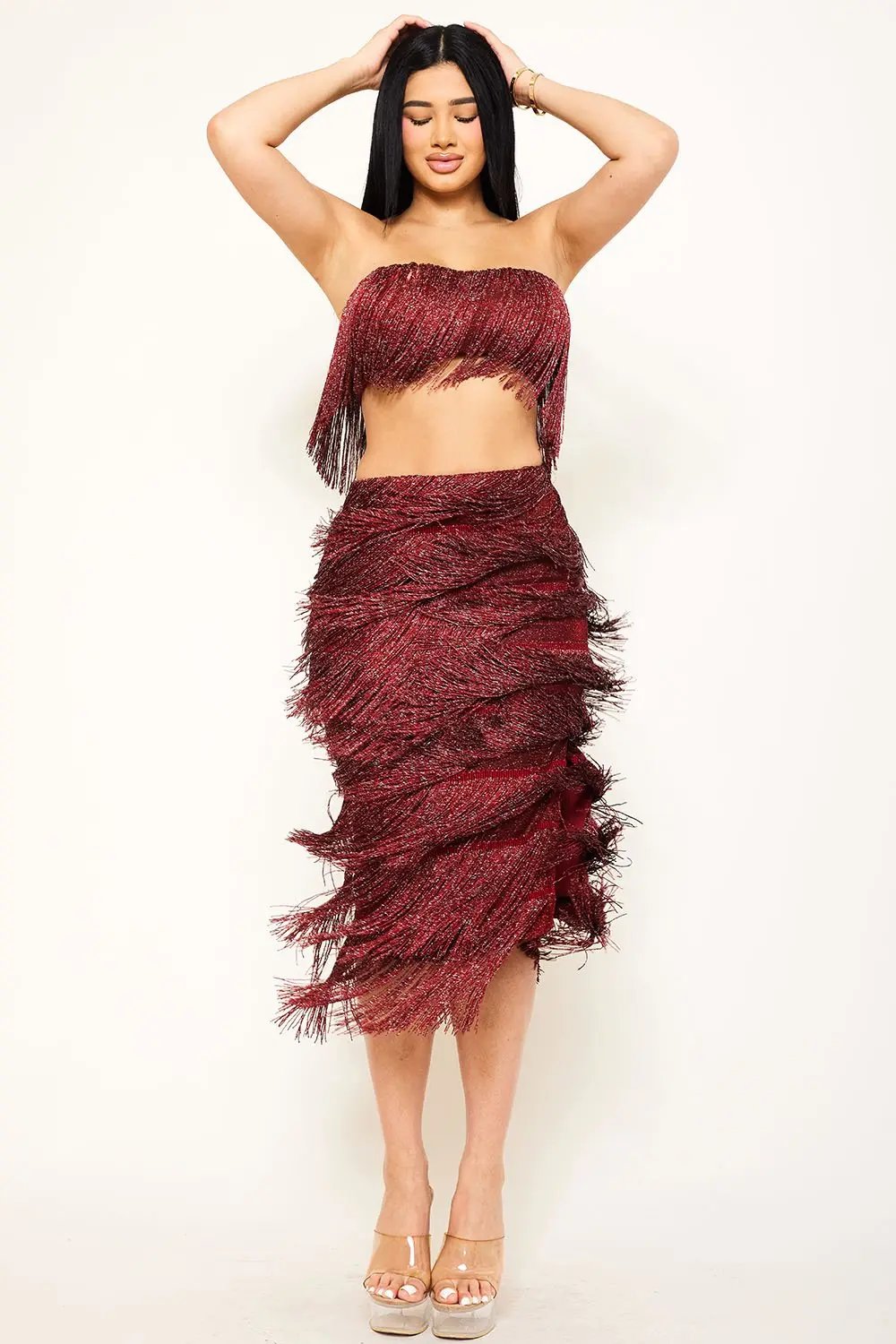 Fringe Tube Top Set – Stretchy Midi Skirt With Zipper Back BOUTINIE