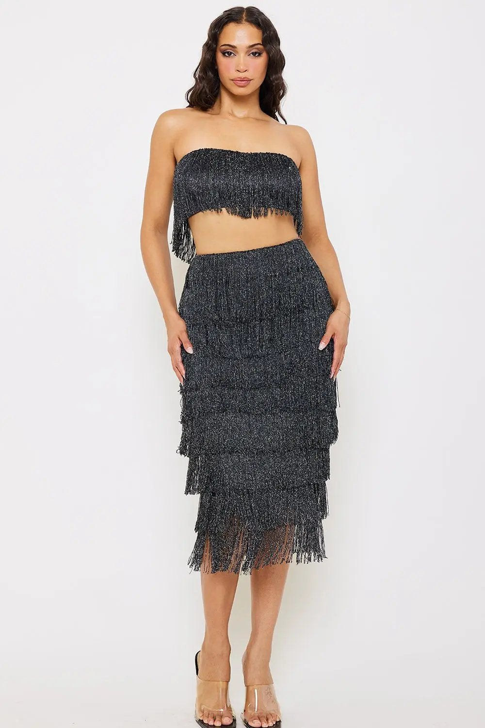 Fringe Tube Top Set – Stretchy Midi Skirt With Zipper Back BOUTINIE