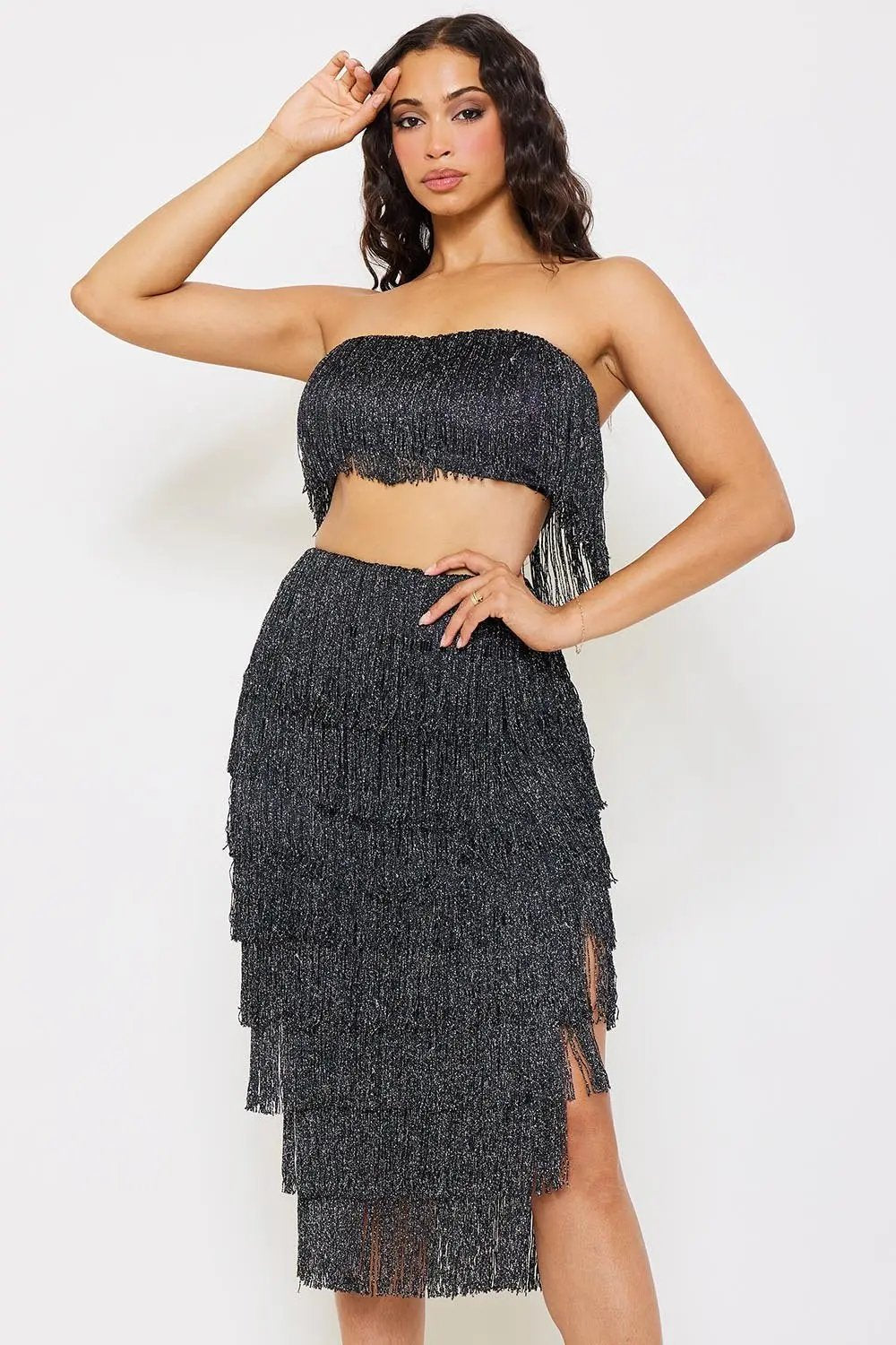 Fringe Tube Top Set – Stretchy Midi Skirt With Zipper Back BOUTINIE