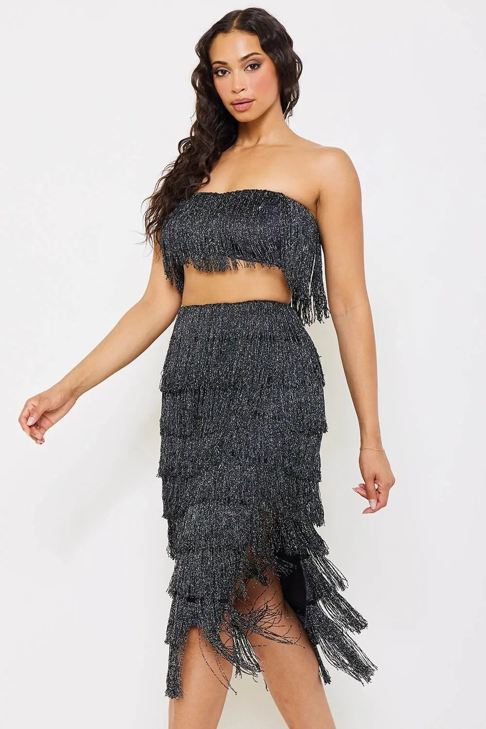 Fringe Tube Top Set – Stretchy Midi Skirt With Zipper Back BOUTINIE