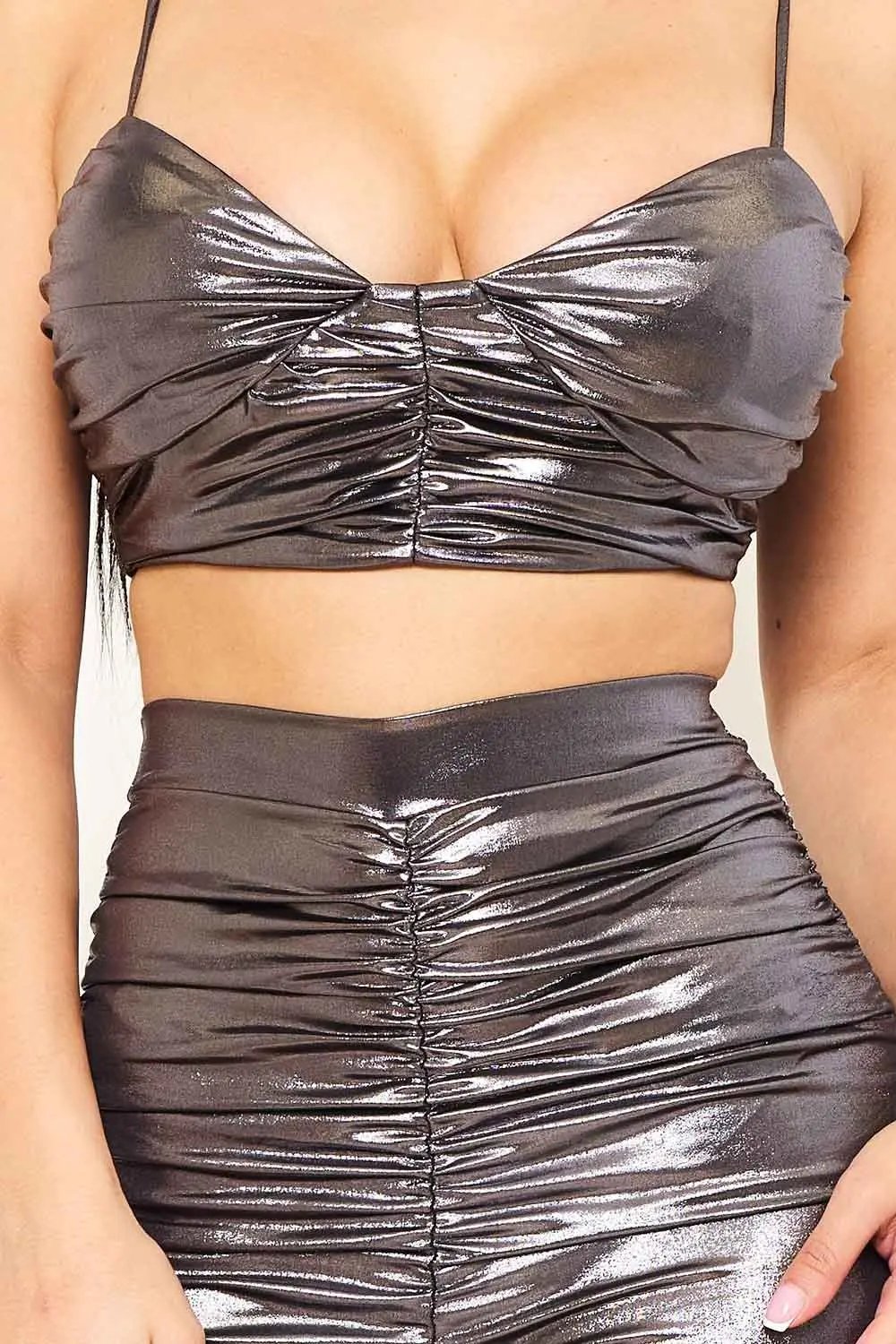 Foil Crop Top Set - High Waist Bell Bottom Pants With Adjustable Straps BOUTINIE