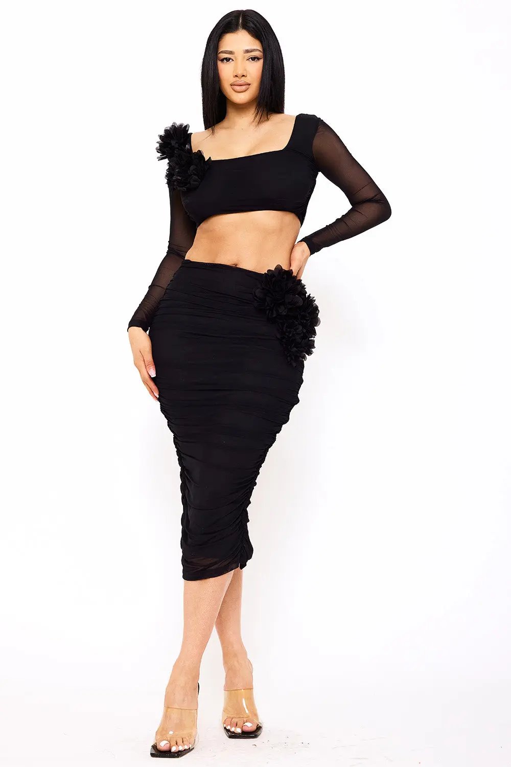 Midi Skirt Set – Pleated Crop Top With Floral Applique Slip-On Skirt BOUTINIE