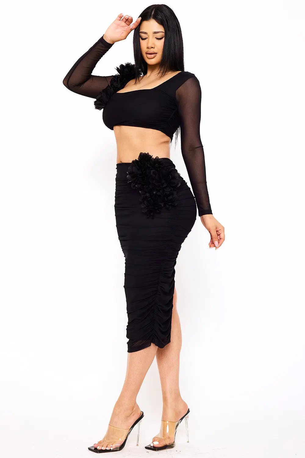 Midi Skirt Set – Pleated Crop Top With Floral Applique Slip-On Skirt BOUTINIE