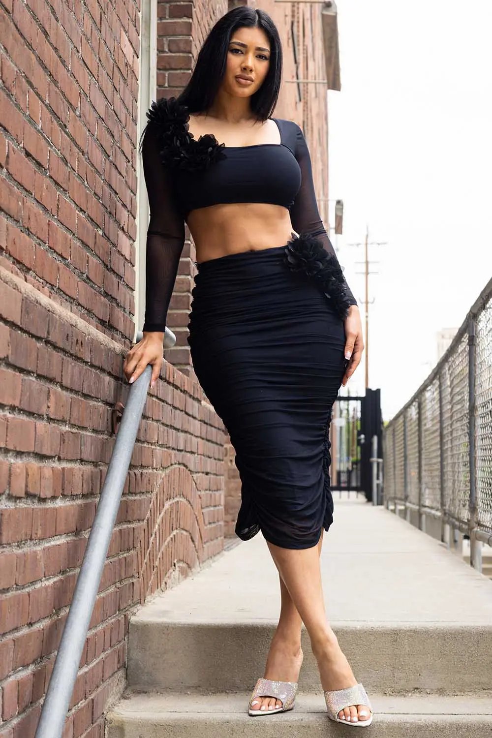 Midi Skirt Set – Pleated Crop Top With Floral Applique Slip-On Skirt BOUTINIE