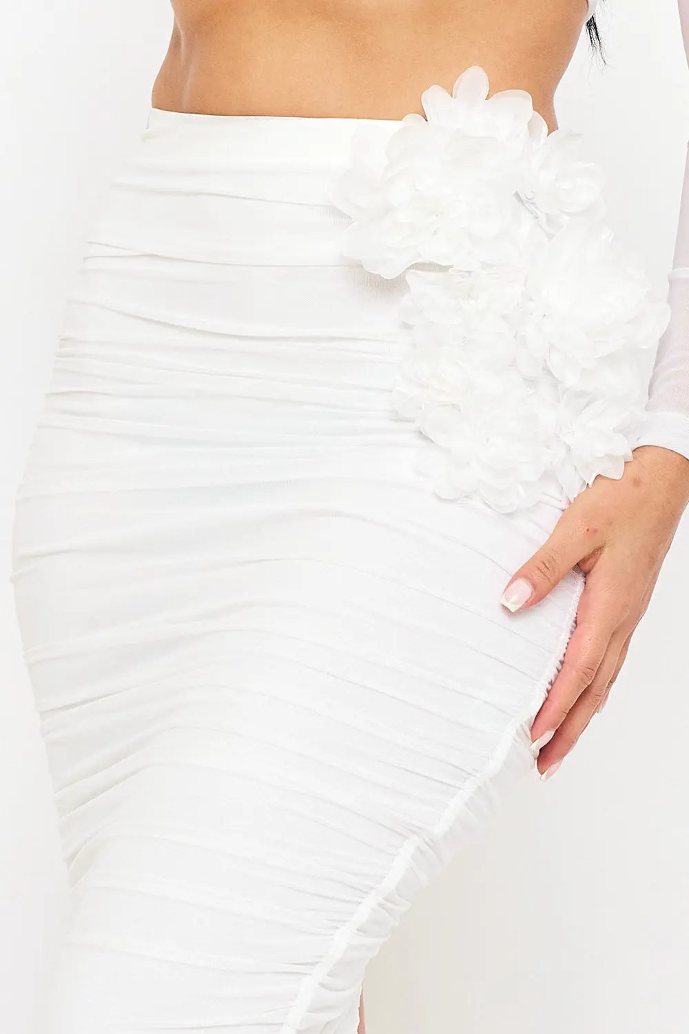 Midi Skirt Set – Pleated Crop Top With Floral Applique Slip-On Skirt BOUTINIE