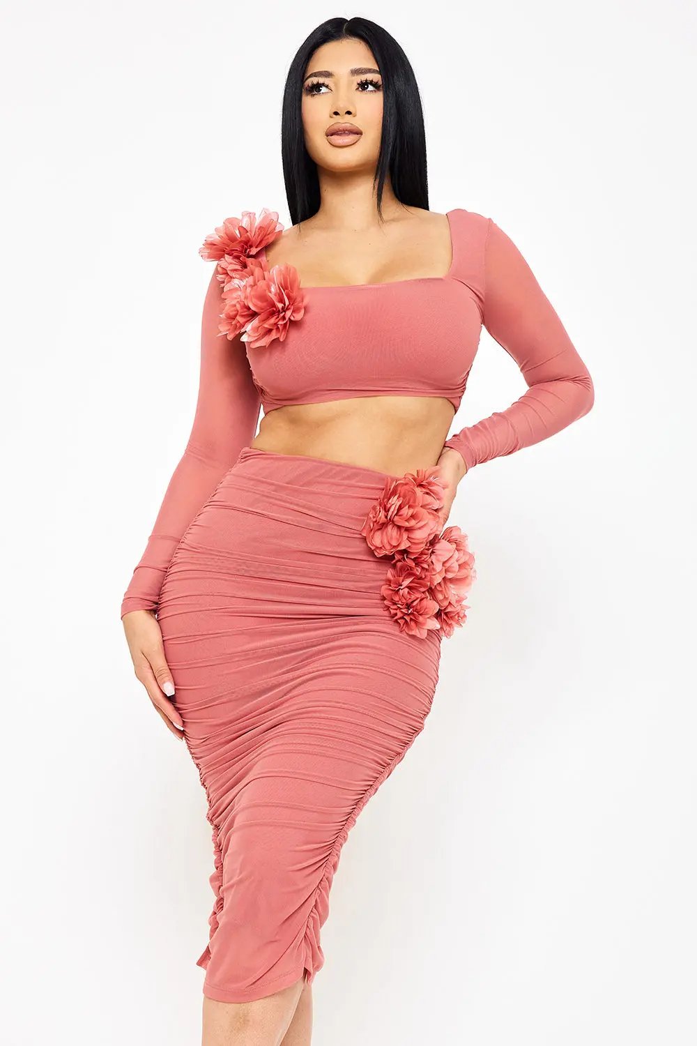 Midi Skirt Set – Pleated Crop Top With Floral Applique Slip-On Skirt BOUTINIE