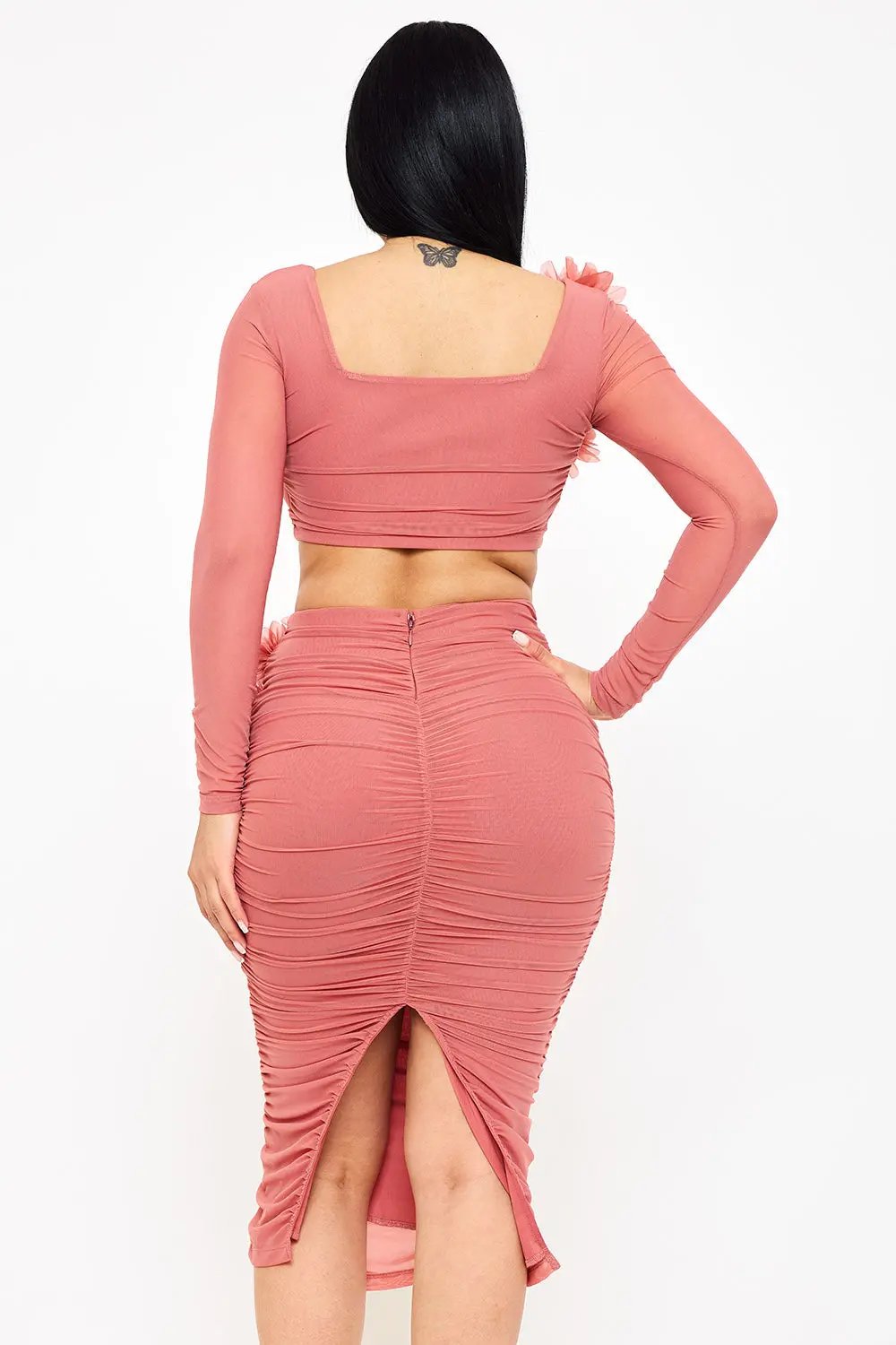 Midi Skirt Set – Pleated Crop Top With Floral Applique Slip-On Skirt BOUTINIE