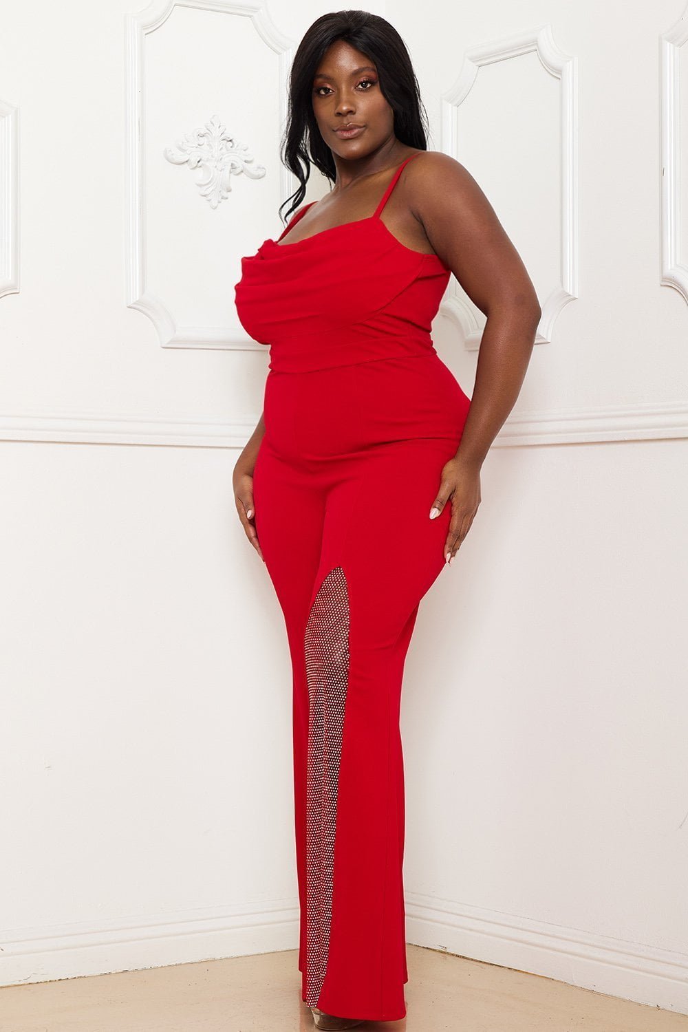 Plus Size Jumpsuit With Pleated Bust Detail & Sweetheart Neckline - Bell Bottom Pants BOUTINIE