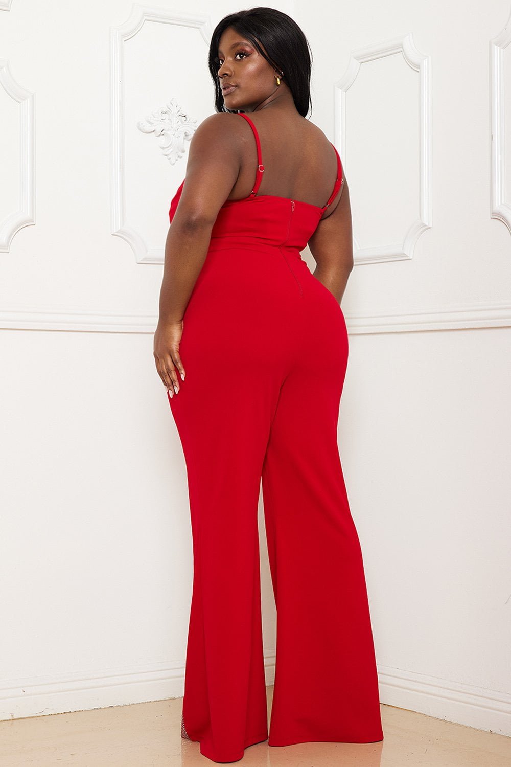 Plus Size Jumpsuit With Pleated Bust Detail & Sweetheart Neckline - Bell Bottom Pants BOUTINIE