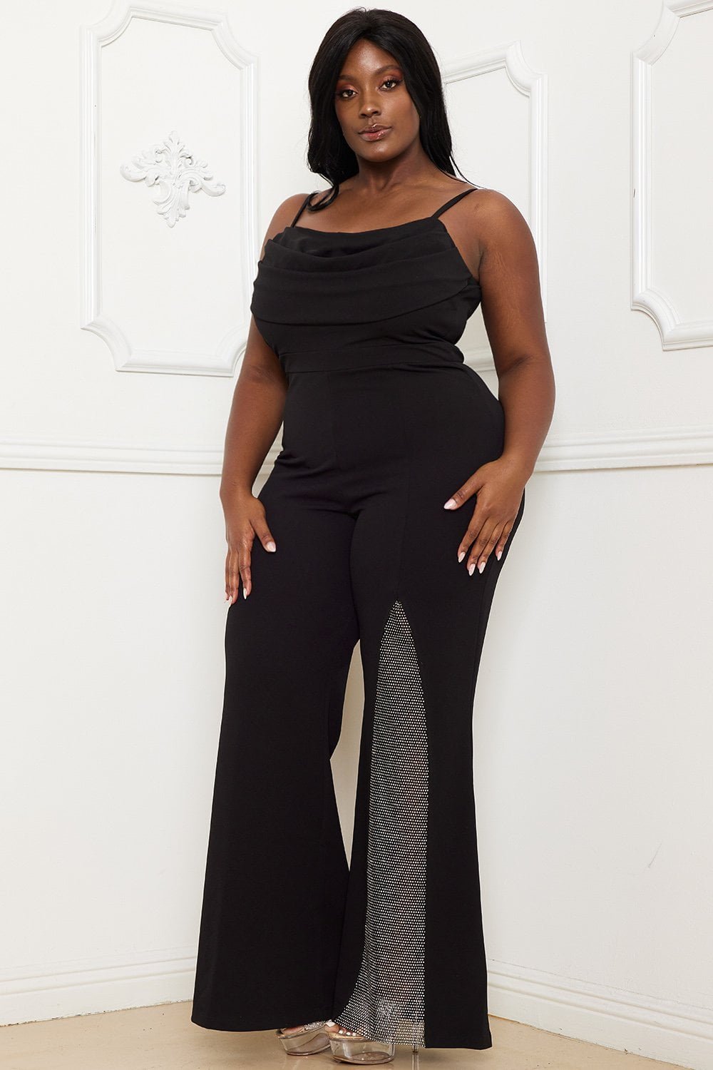Plus Size Jumpsuit With Pleated Bust Detail & Sweetheart Neckline - Bell Bottom Pants BOUTINIE