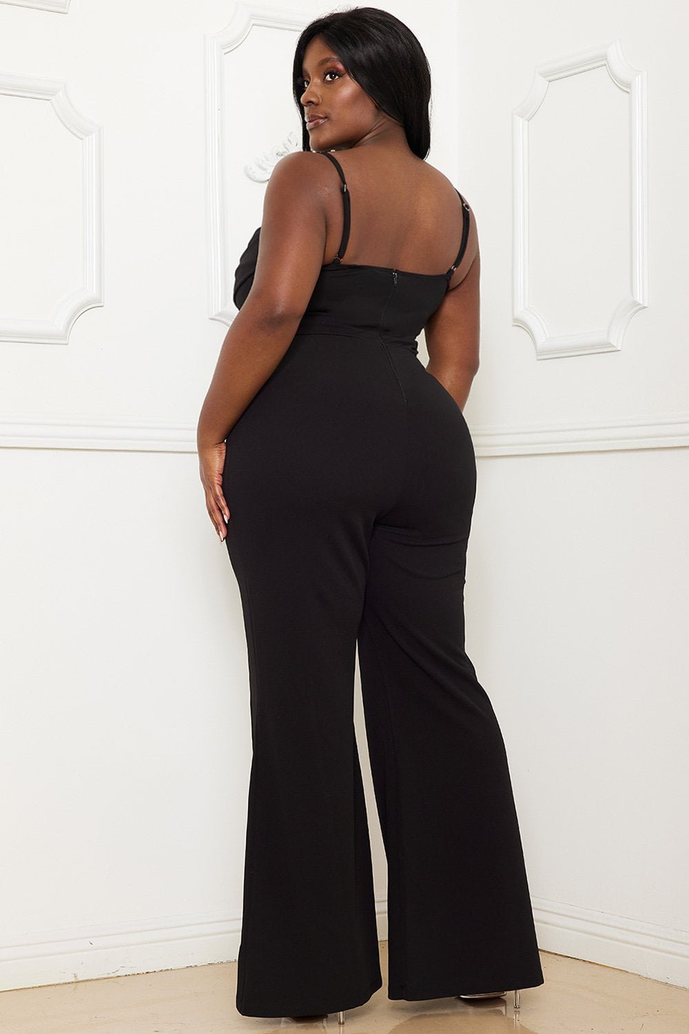 Plus Size Jumpsuit With Pleated Bust Detail & Sweetheart Neckline - Bell Bottom Pants BOUTINIE