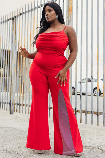 Plus Size Jumpsuit With Pleated Bust Detail & Sweetheart Neckline - Bell Bottom Pants BOUTINIE
