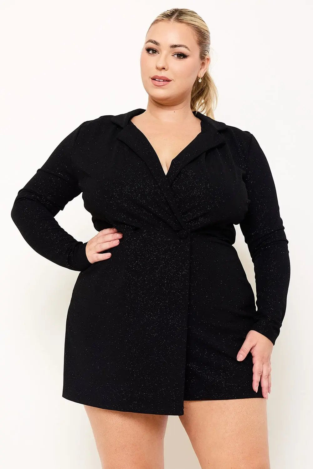 Plus Size Romper - Glittered Button Front Long Sleeve Stretch Fabric BOUTINIE