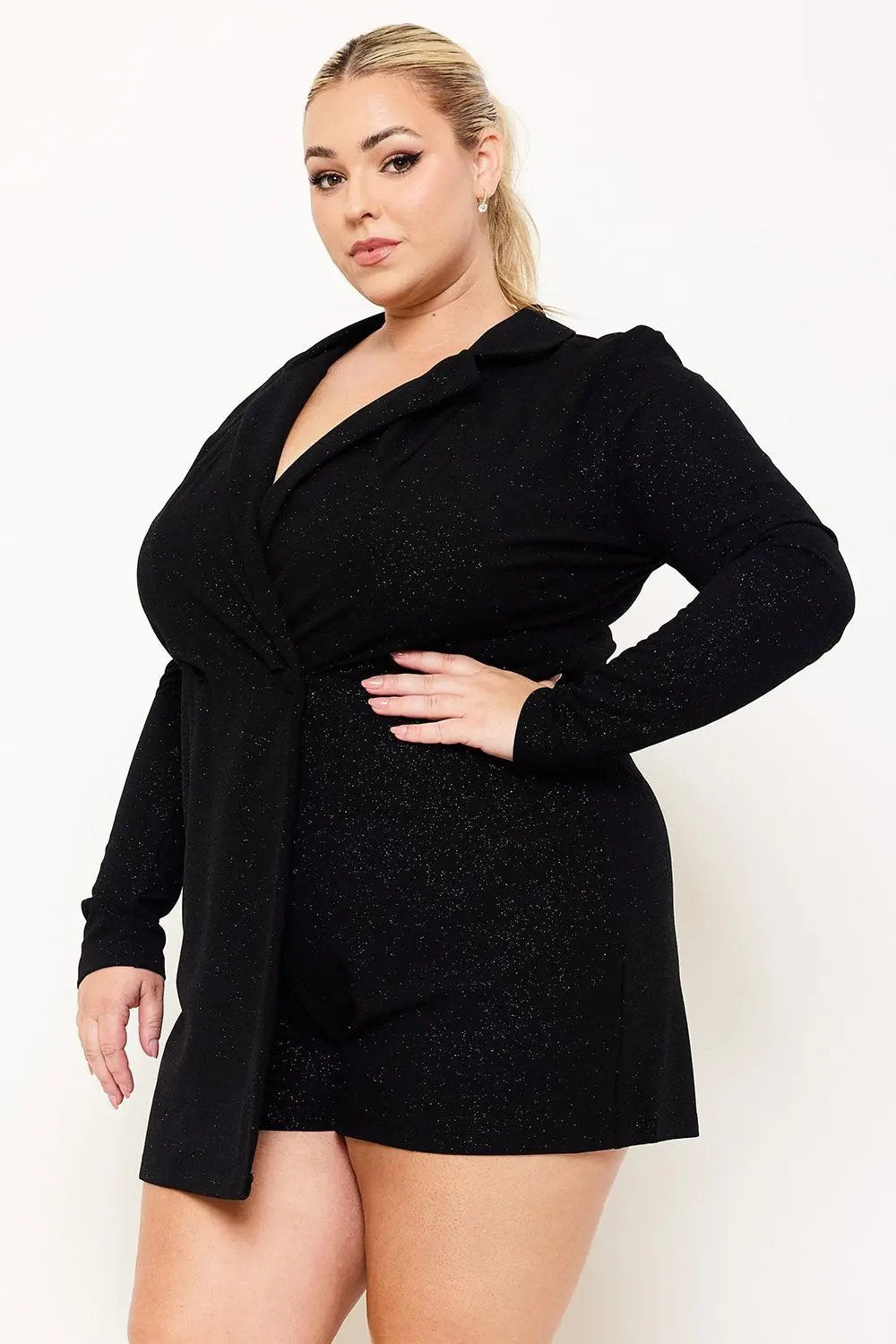 Plus Size Romper - Glittered Button Front Long Sleeve Stretch Fabric BOUTINIE