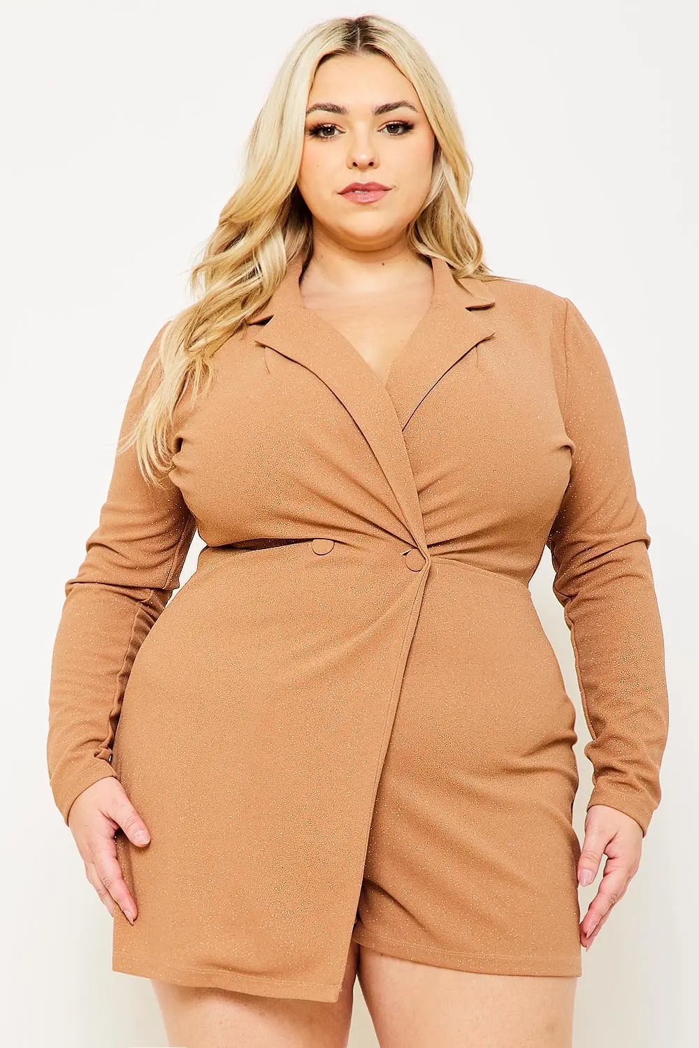 Plus Size Romper - Glittered Button Front Long Sleeve Stretch Fabric BOUTINIE