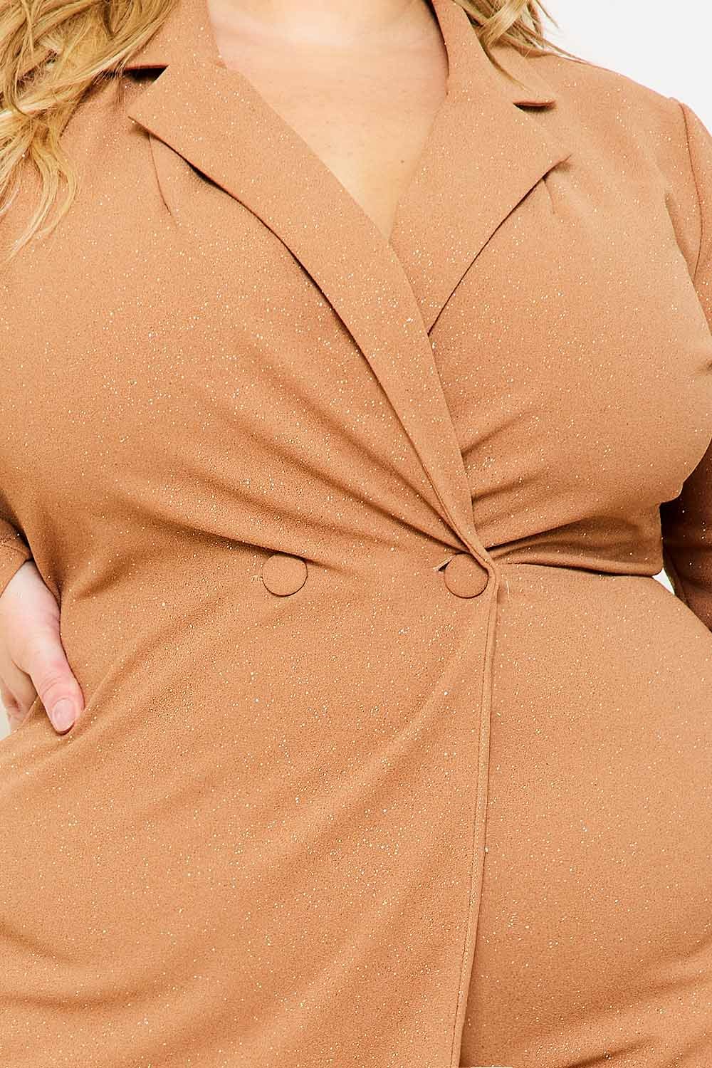 Plus Size Romper - Glittered Button Front Long Sleeve Stretch Fabric BOUTINIE