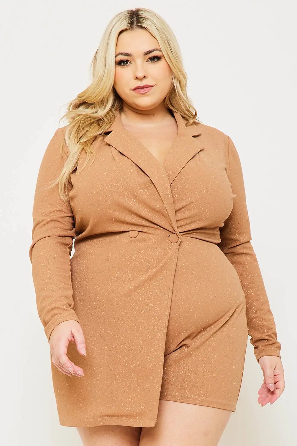 Plus Size Romper - Glittered Button Front Long Sleeve Stretch Fabric BOUTINIE