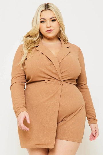 Plus Size Romper - Glittered Button Front Long Sleeve Stretch Fabric BOUTINIE