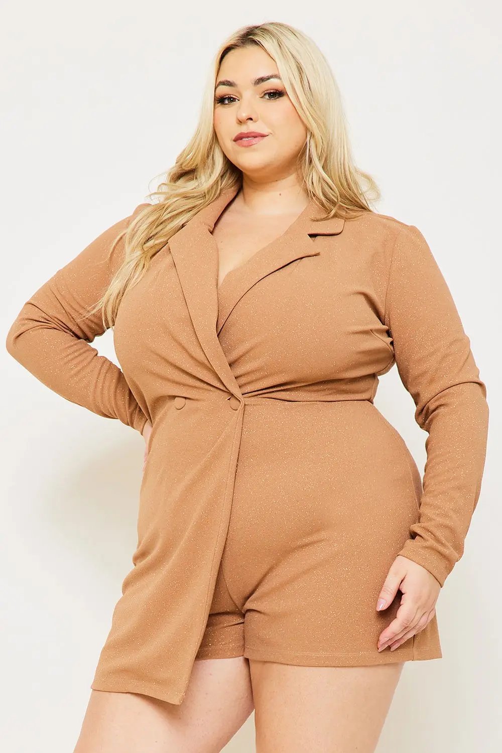 Plus Size Romper - Glittered Button Front Long Sleeve Stretch Fabric BOUTINIE