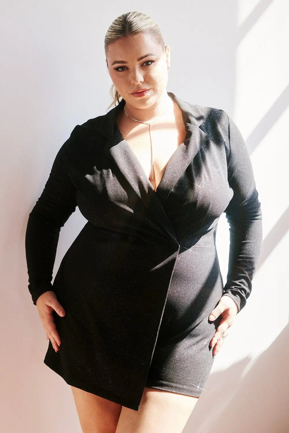 Plus Size Romper - Glittered Button Front Long Sleeve Stretch Fabric BOUTINIE