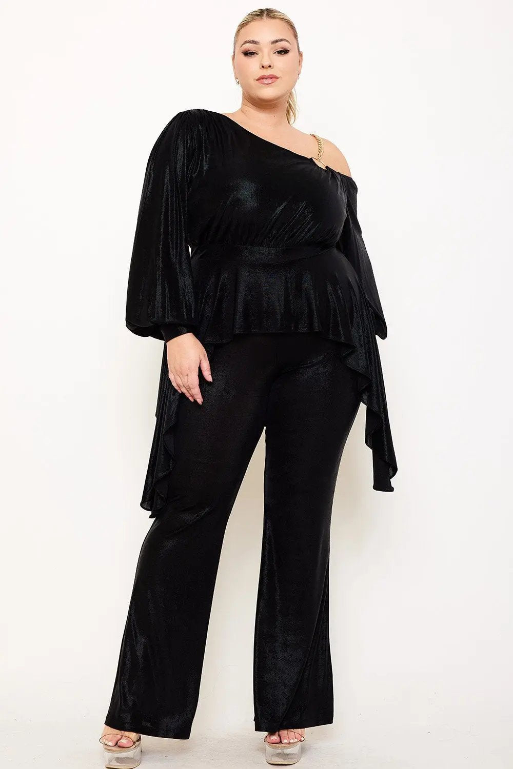 Plus Size Jumpsuit One Shoulder Foil Gold Chain Peplum Waist With Bell Sleeves BOUTINIE