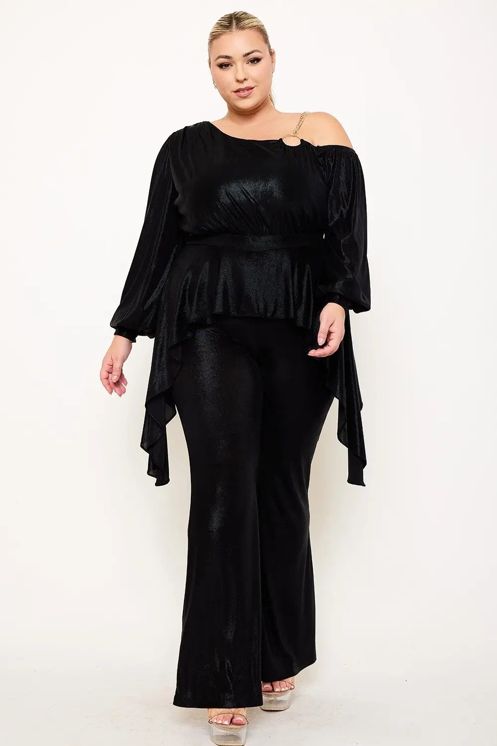 Plus Size Jumpsuit One Shoulder Foil Gold Chain Peplum Waist With Bell Sleeves BOUTINIE