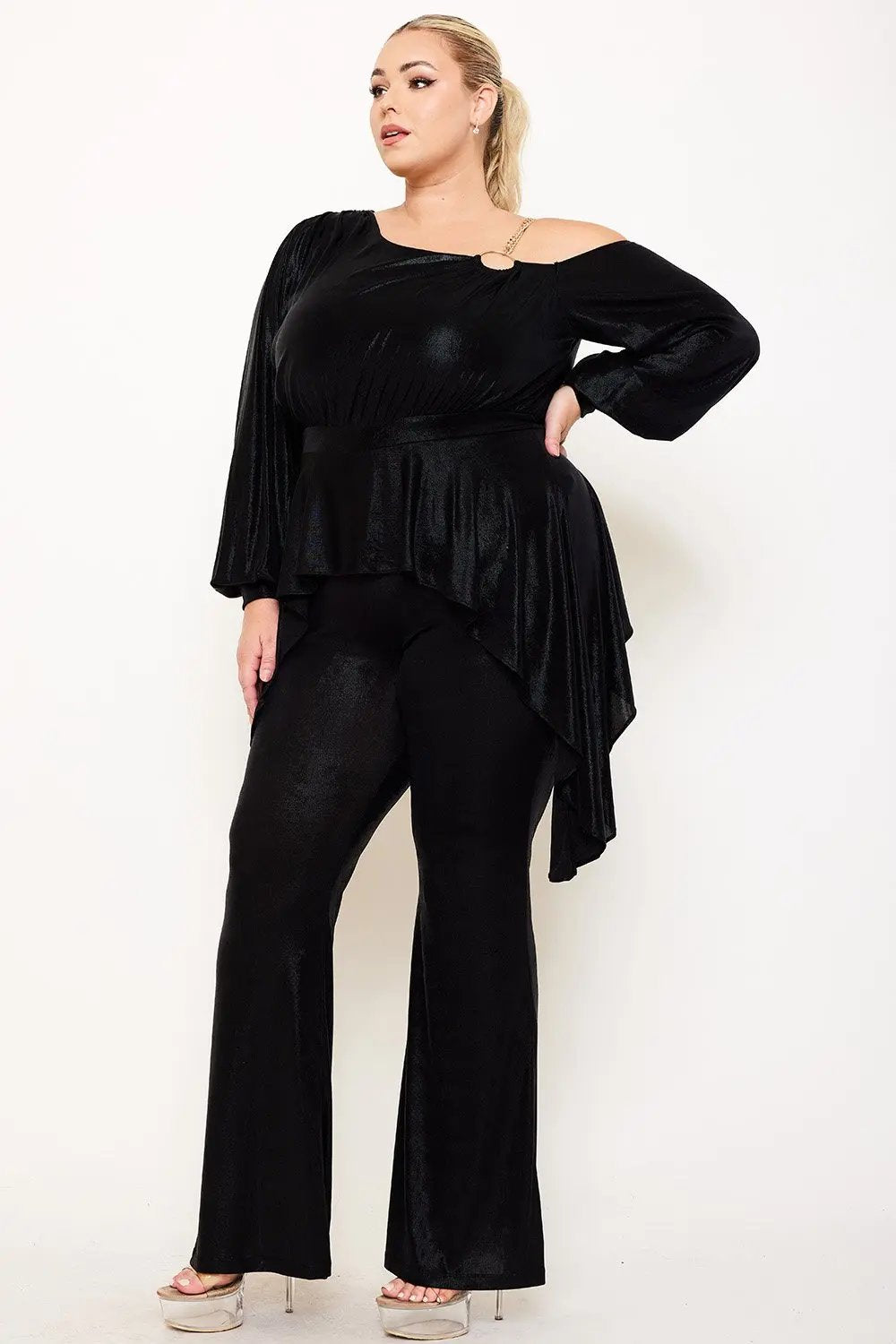 Plus Size Jumpsuit One Shoulder Foil Gold Chain Peplum Waist With Bell Sleeves BOUTINIE