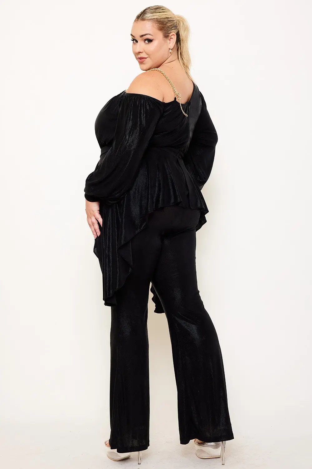 Plus Size Jumpsuit One Shoulder Foil Gold Chain Peplum Waist With Bell Sleeves BOUTINIE