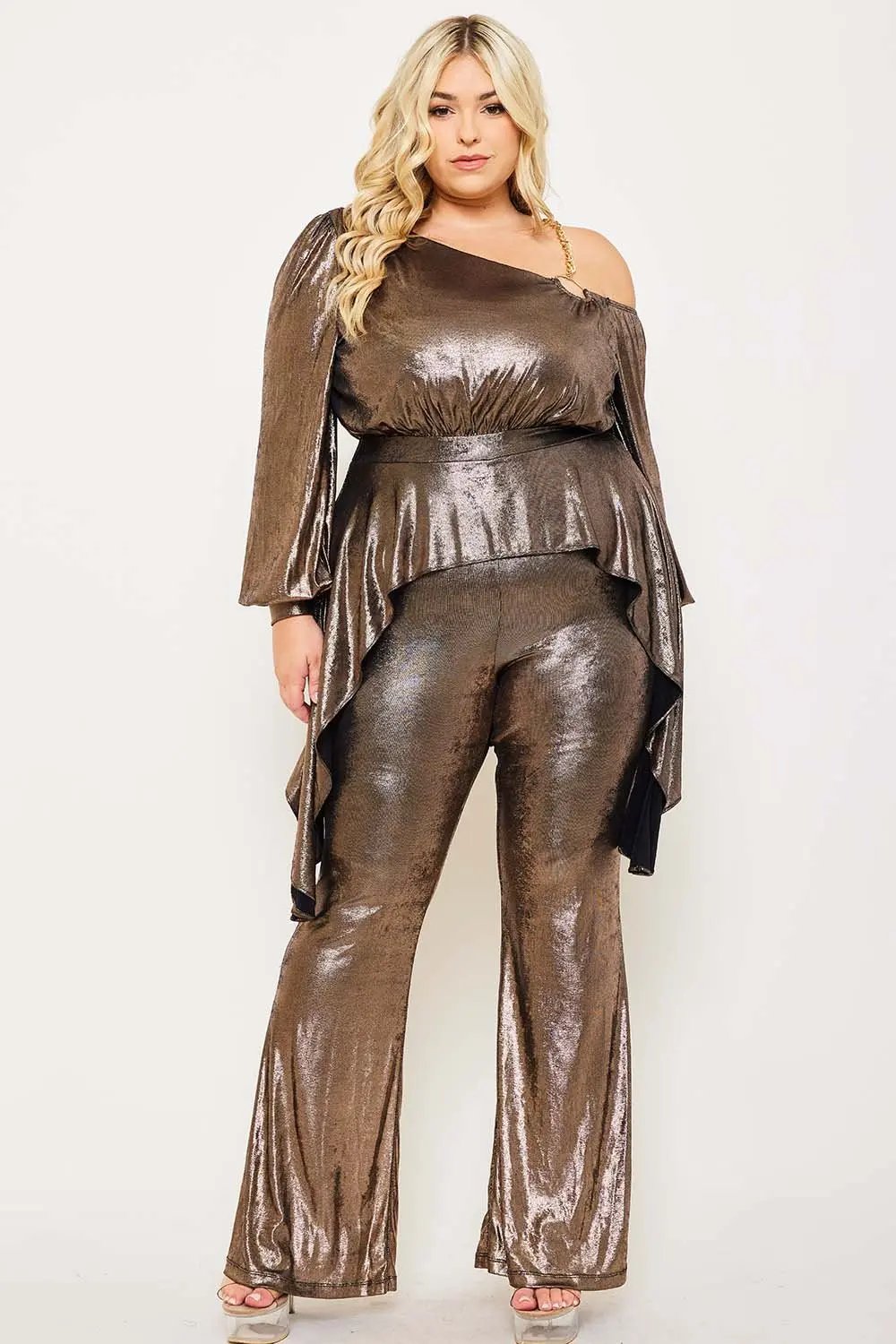 Plus Size Jumpsuit One Shoulder Foil Gold Chain Peplum Waist With Bell Sleeves BOUTINIE