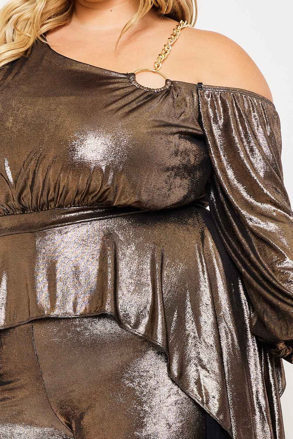 Plus Size Jumpsuit One Shoulder Foil Gold Chain Peplum Waist With Bell Sleeves BOUTINIE