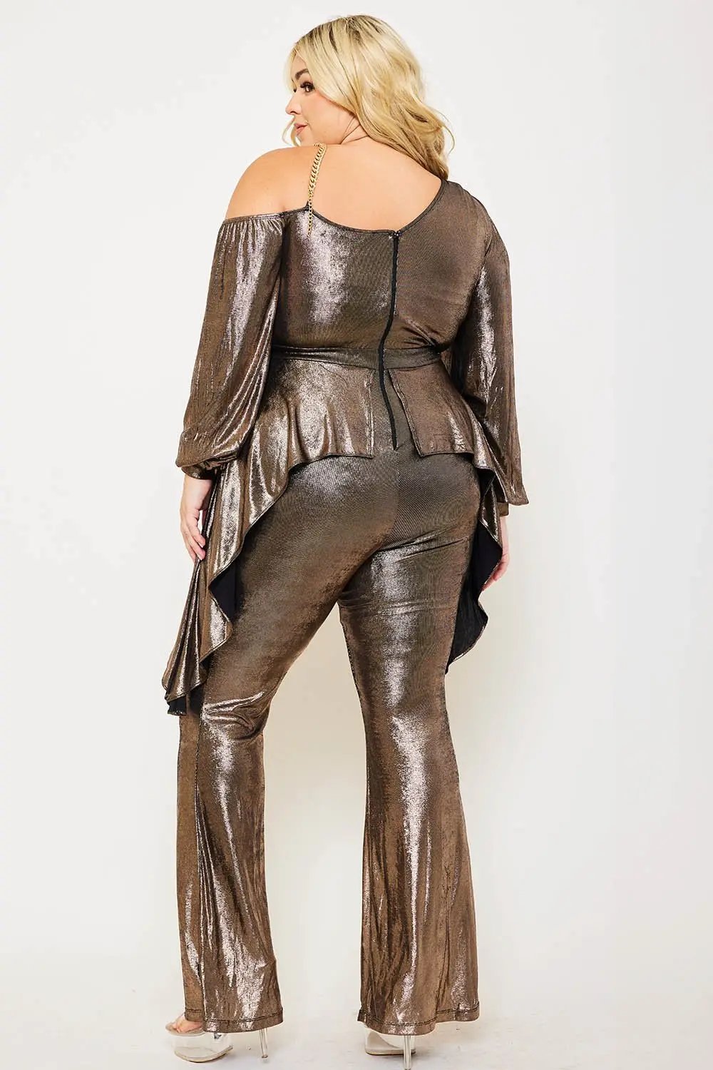 Plus Size Jumpsuit One Shoulder Foil Gold Chain Peplum Waist With Bell Sleeves BOUTINIE