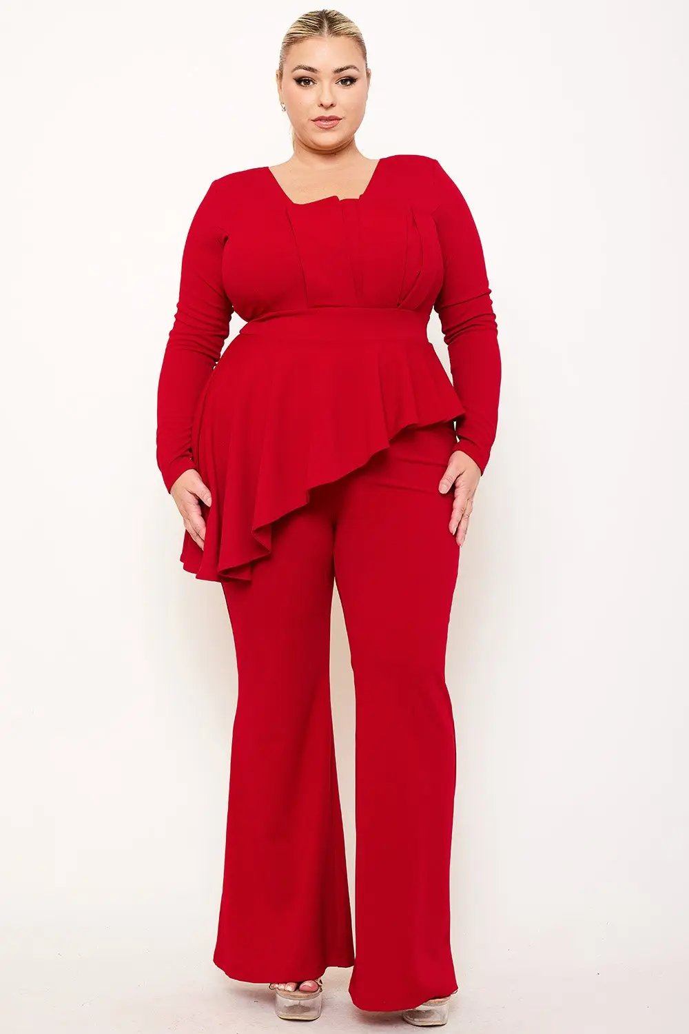 Plus Size Jumpsuit With Peplum Top & Bell Bottom Pants – Square Neck, Long Sleeve BOUTINIE
