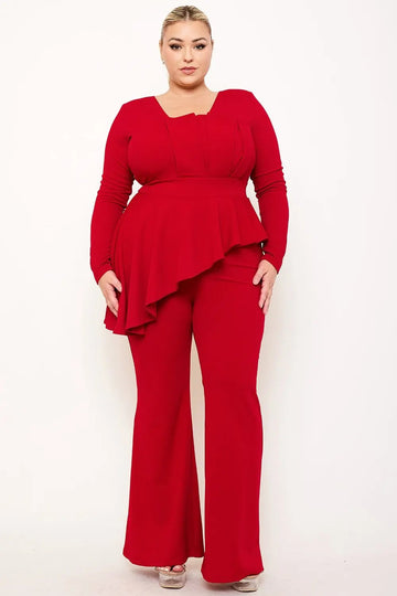 Plus Size Jumpsuit With Peplum Top & Bell Bottom Pants – Square Neck, Long Sleeve BOUTINIE