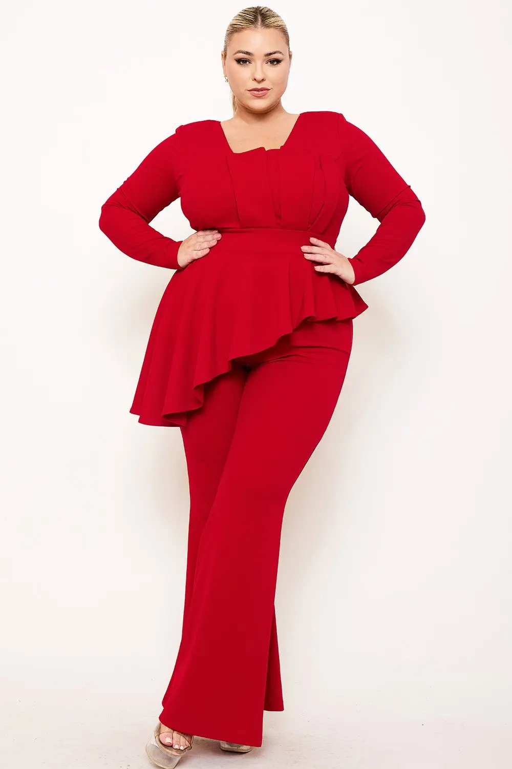 Plus Size Jumpsuit With Peplum Top & Bell Bottom Pants – Square Neck, Long Sleeve BOUTINIE