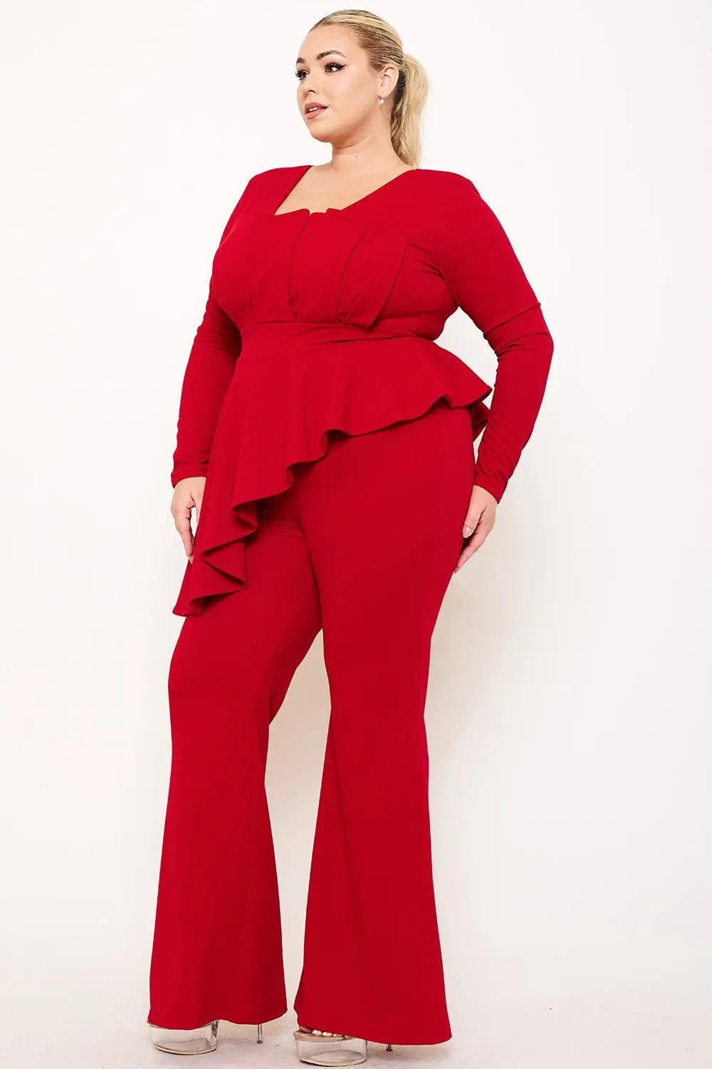 Plus Size Jumpsuit With Peplum Top & Bell Bottom Pants – Square Neck, Long Sleeve BOUTINIE