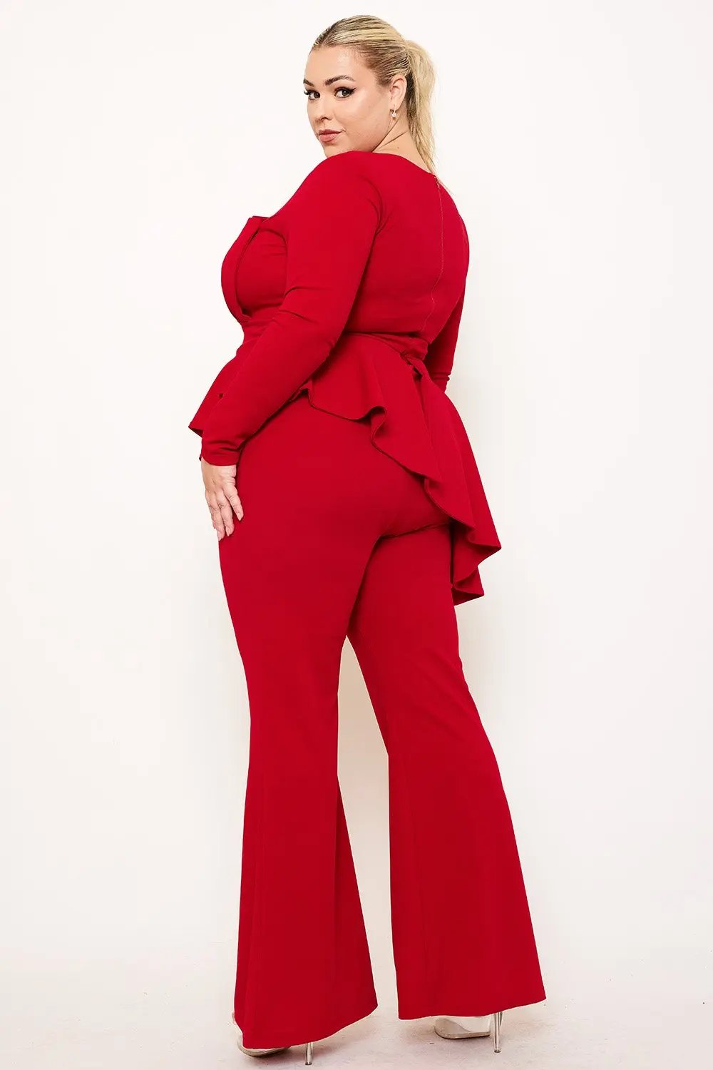 Plus Size Jumpsuit With Peplum Top & Bell Bottom Pants – Square Neck, Long Sleeve BOUTINIE