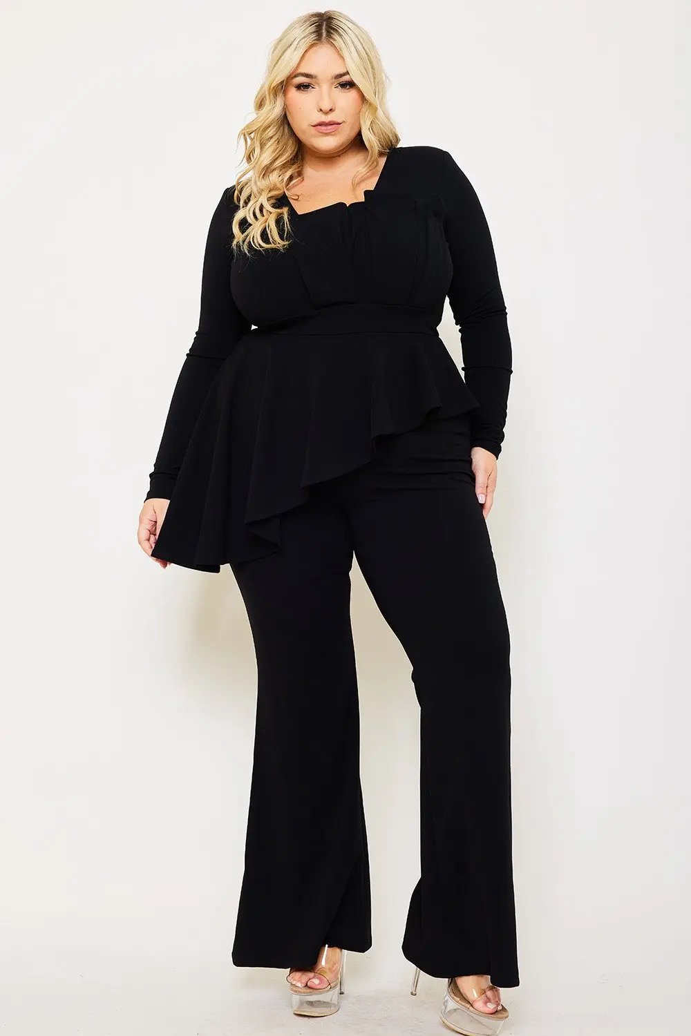 Plus Size Jumpsuit With Peplum Top & Bell Bottom Pants – Square Neck, Long Sleeve BOUTINIE