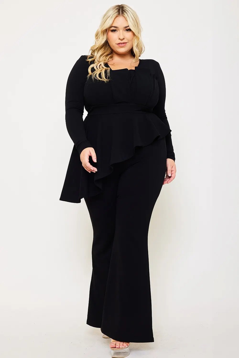 Plus Size Jumpsuit With Peplum Top & Bell Bottom Pants – Square Neck, Long Sleeve BOUTINIE