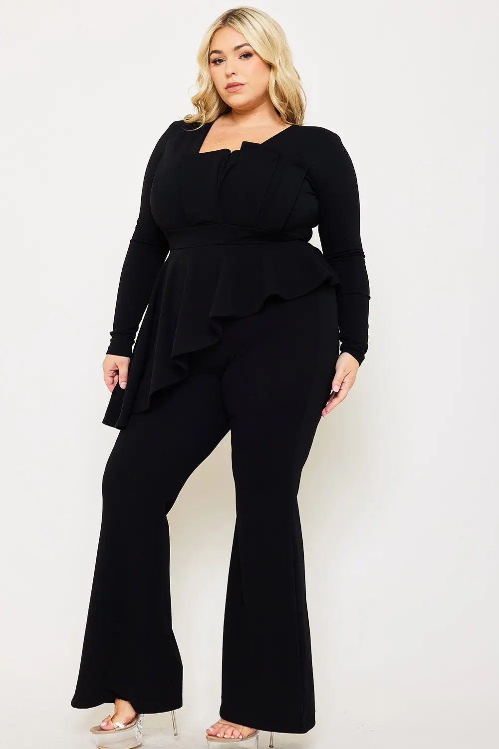 Plus Size Jumpsuit With Peplum Top & Bell Bottom Pants – Square Neck, Long Sleeve BOUTINIE