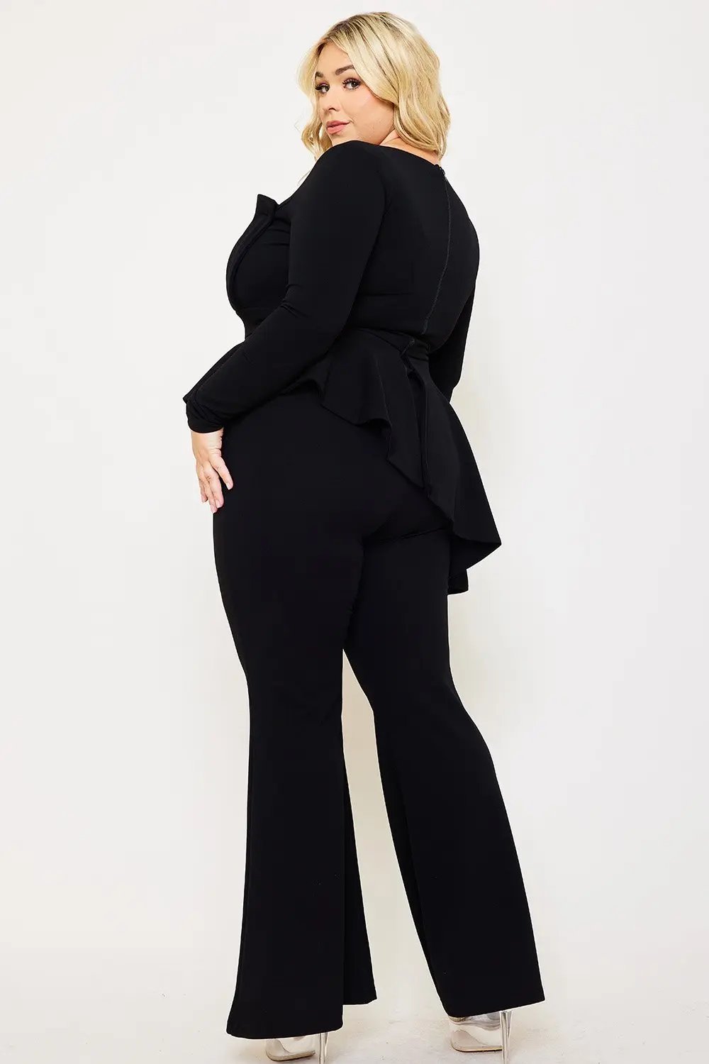 Plus Size Jumpsuit With Peplum Top & Bell Bottom Pants – Square Neck, Long Sleeve BOUTINIE
