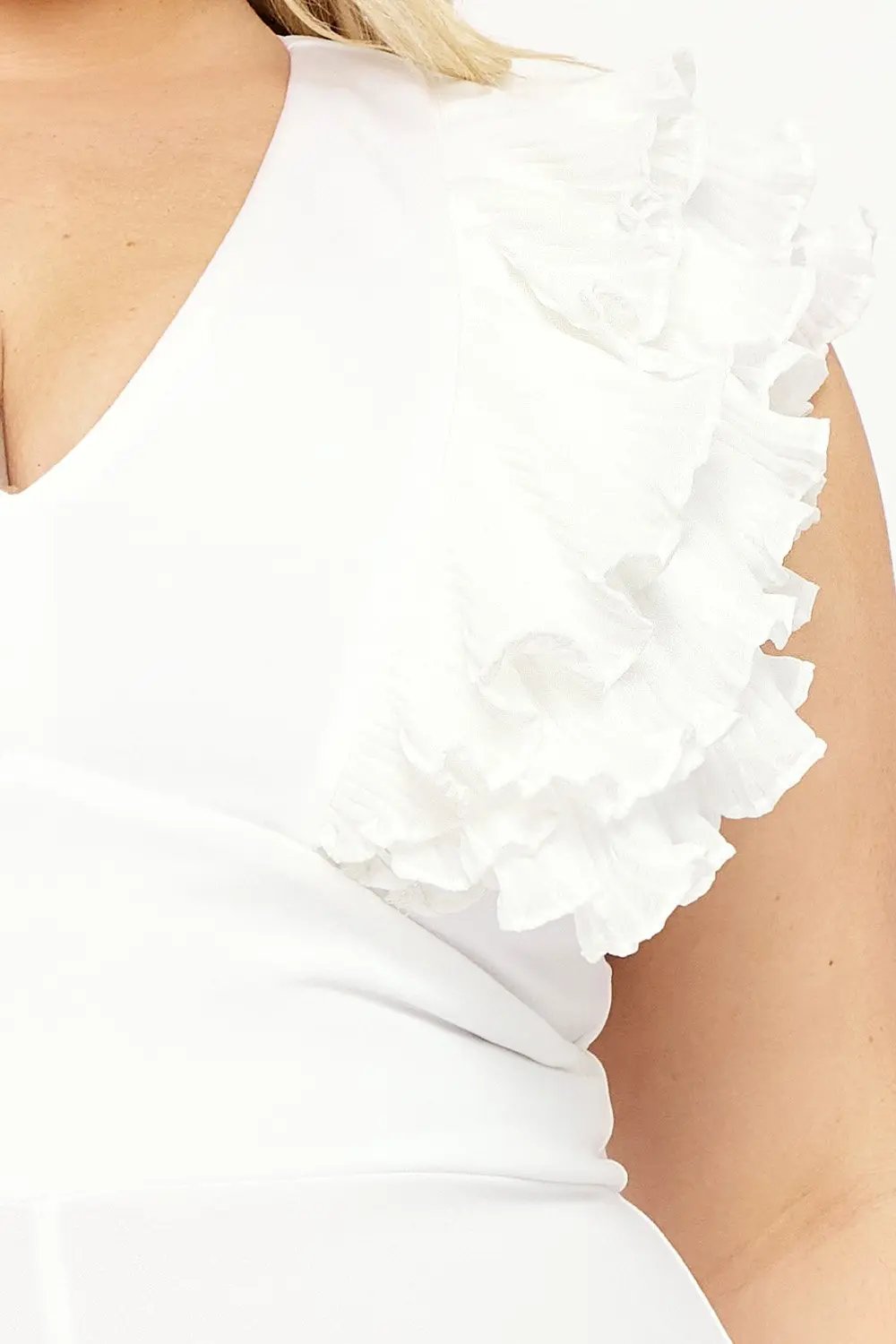 Plus Size Jumpsuit - Ruffle Sleeve Techno Crepe With Deep V Neck BOUTINIE