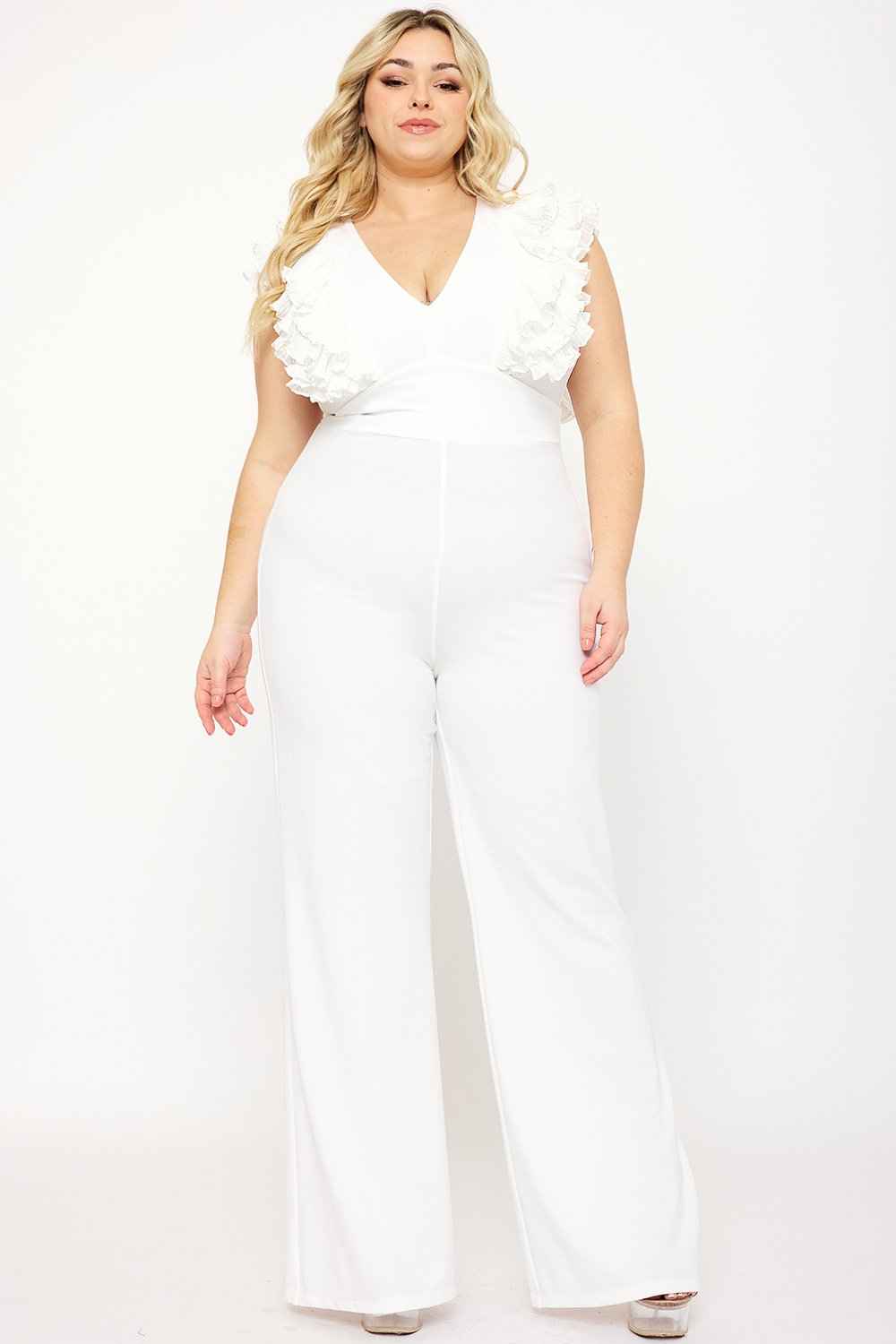 Ruffle Sleeve Techno Crepe Plus Size Jumpsuit – Red | Boutinie