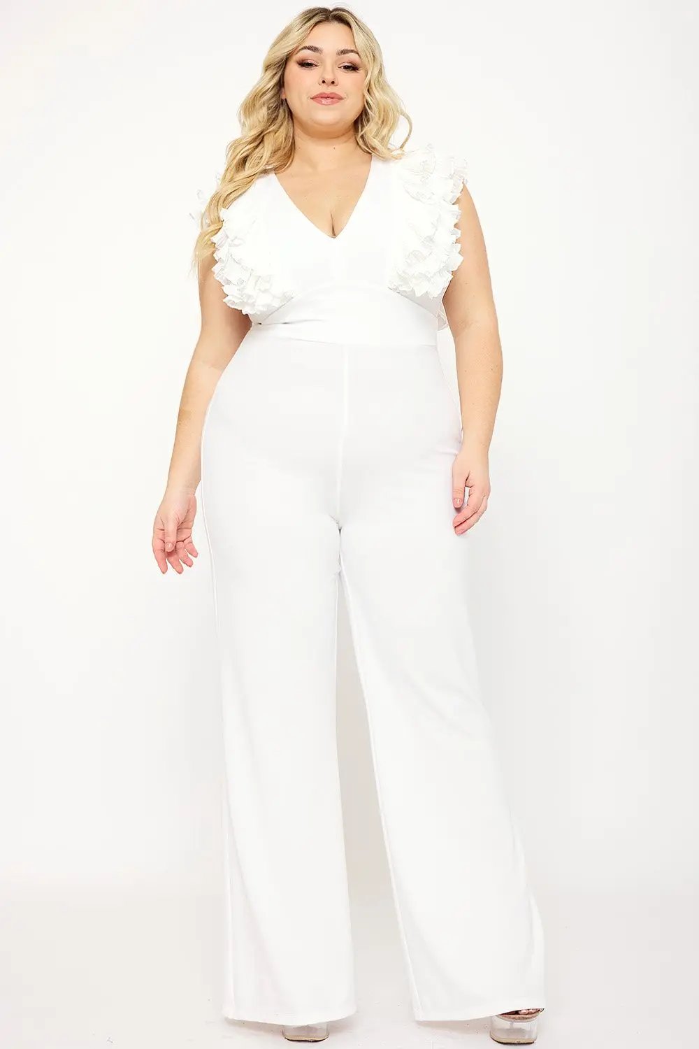 Plus Size Jumpsuit - Ruffle Sleeve Techno Crepe With Deep V Neck BOUTINIE