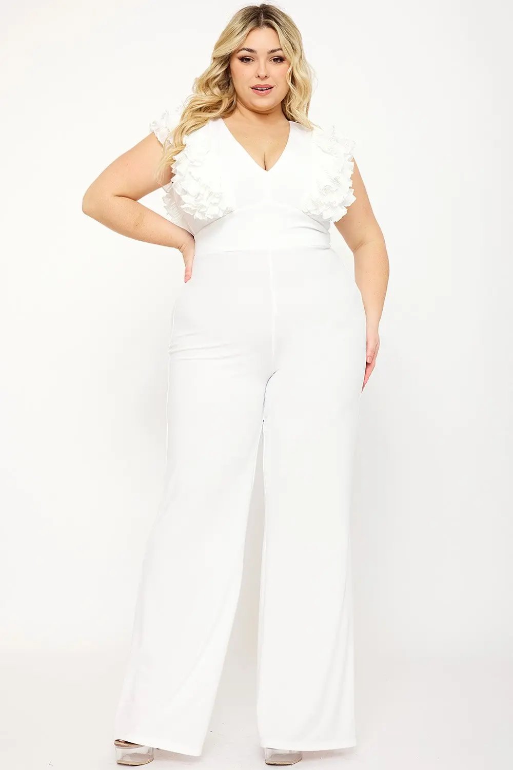 Plus Size Jumpsuit - Ruffle Sleeve Techno Crepe With Deep V Neck BOUTINIE