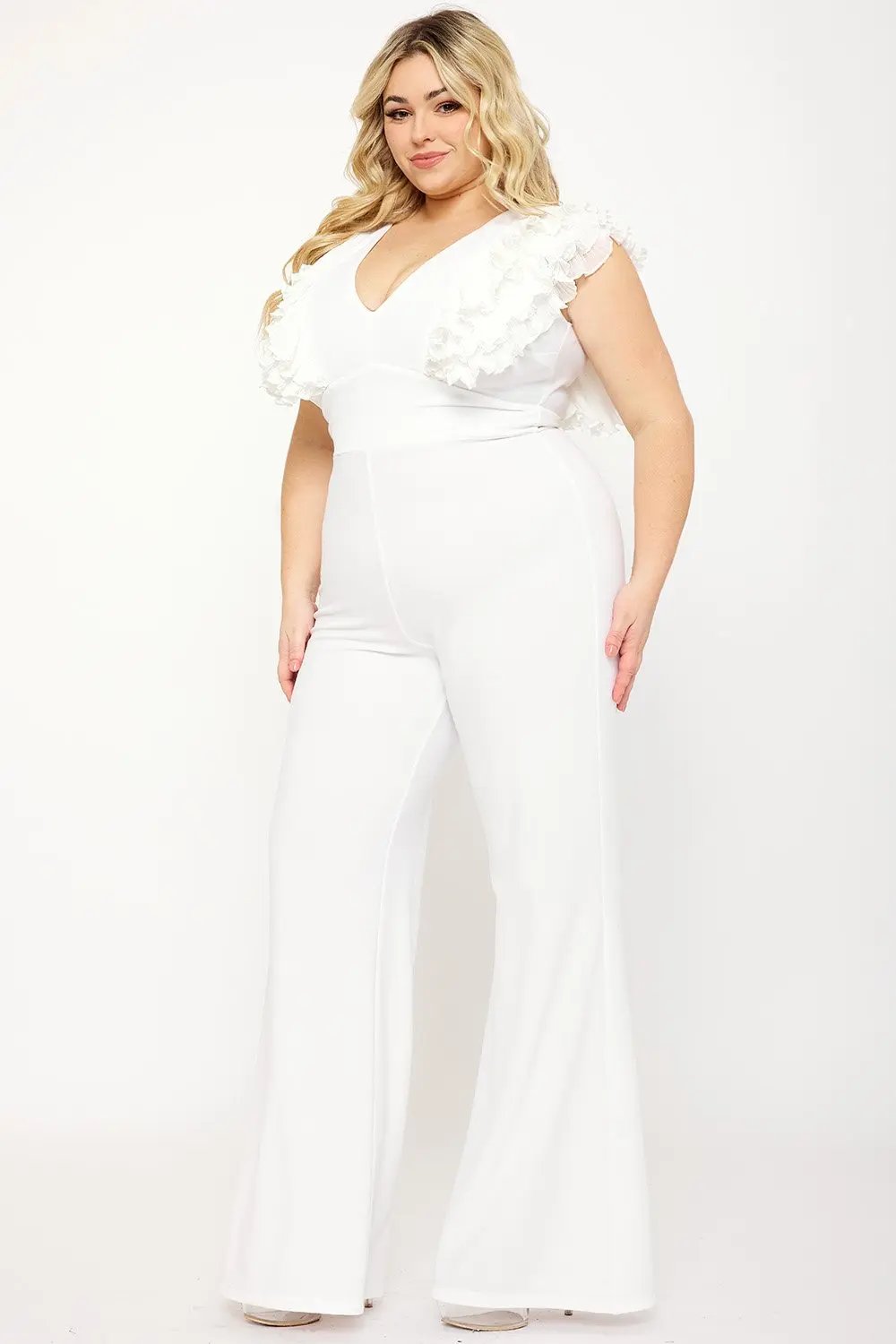 Plus Size Jumpsuit - Ruffle Sleeve Techno Crepe With Deep V Neck BOUTINIE