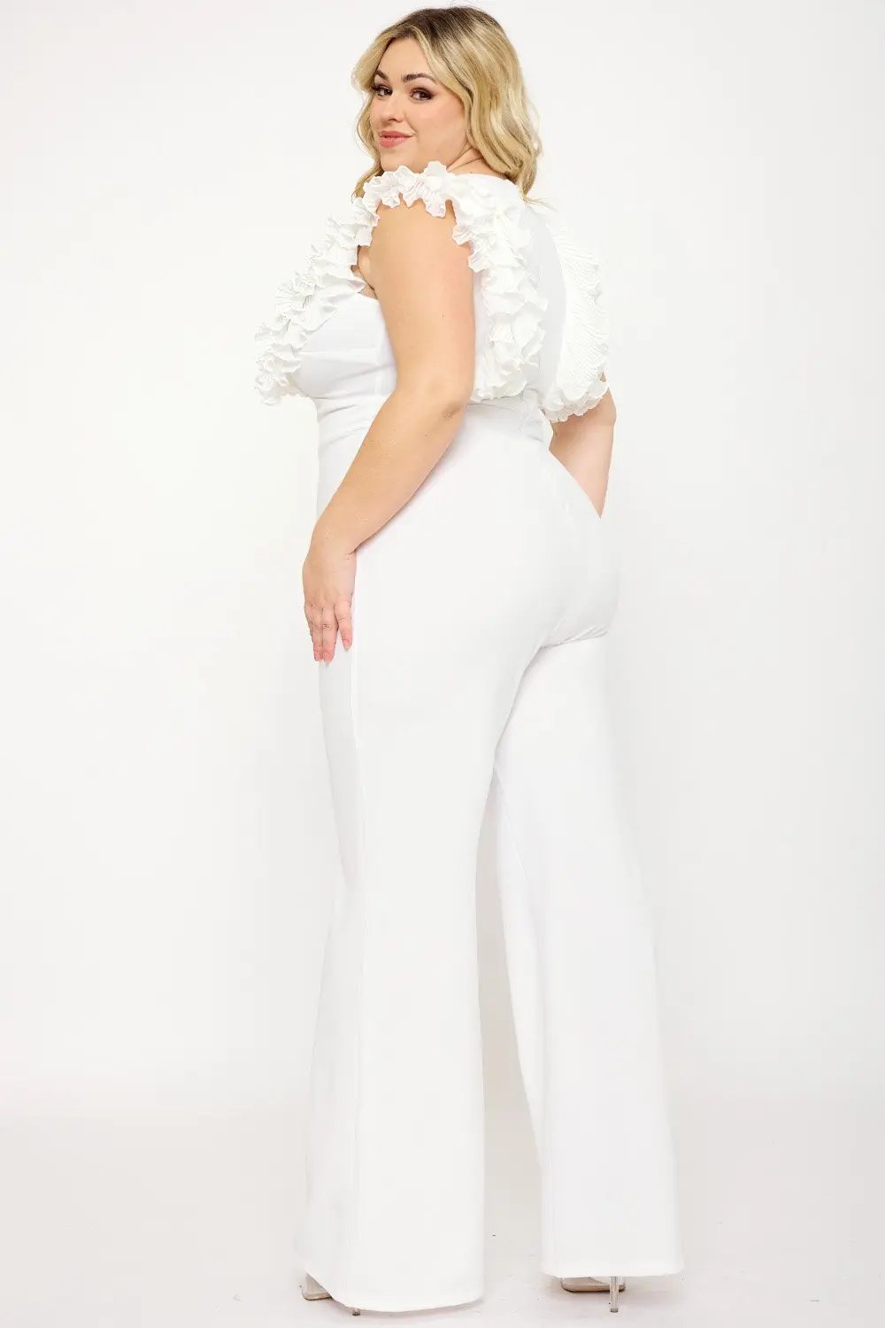 Plus Size Jumpsuit - Ruffle Sleeve Techno Crepe With Deep V Neck BOUTINIE